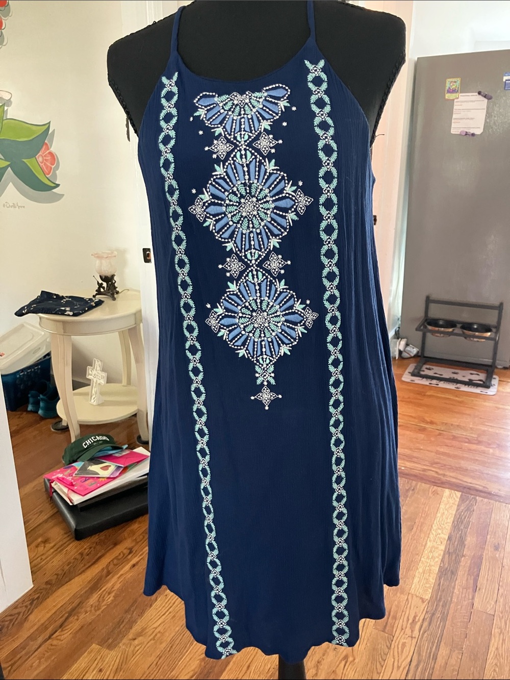 Source Unknown Navy Mini Dress with Aqua Embroidery